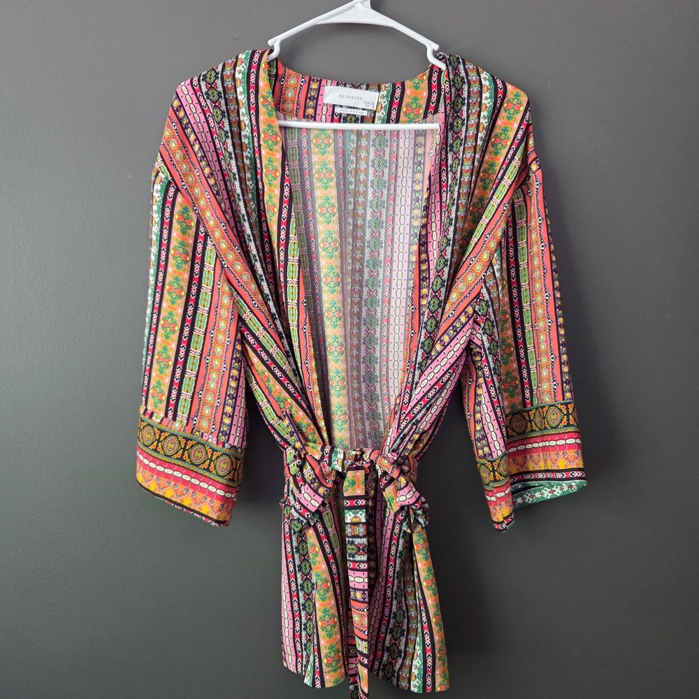 Reserved Womens Multicolor Geometric Stripe Kimono Wrap Tie Belt Top EUR 36 US 6 - Picture 2 of 8